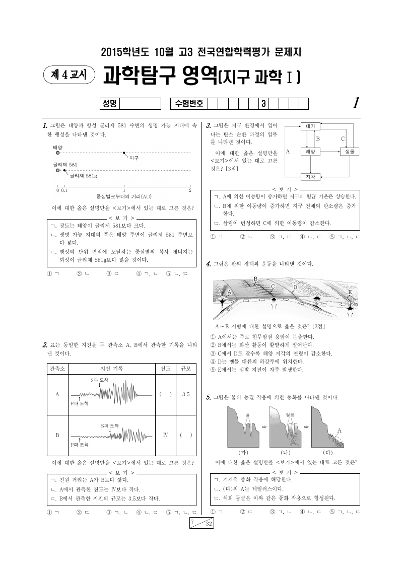 2015년 10월 고3 학력평가 지구과학1 시험지 첫 페이지