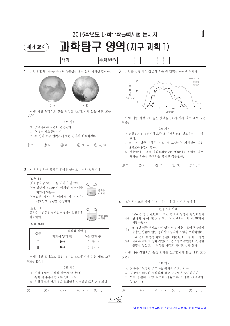 2016학년도 대학수학능력시험 지구과학1 시험지 첫 페이지
