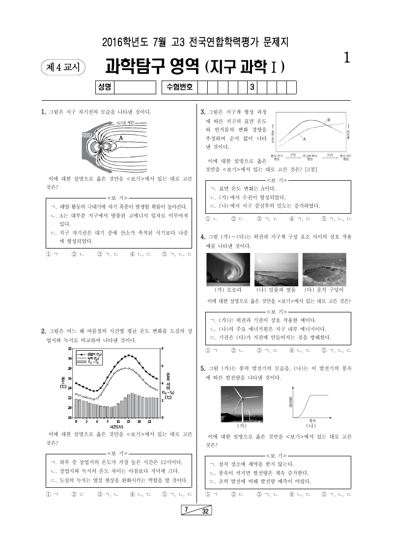 2016년 7월 고3 학력평가 지구과학1 시험지 첫 페이지