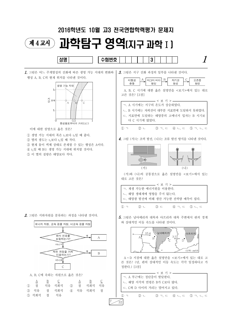 2016년 10월 고3 학력평가 지구과학1 시험지 첫 페이지