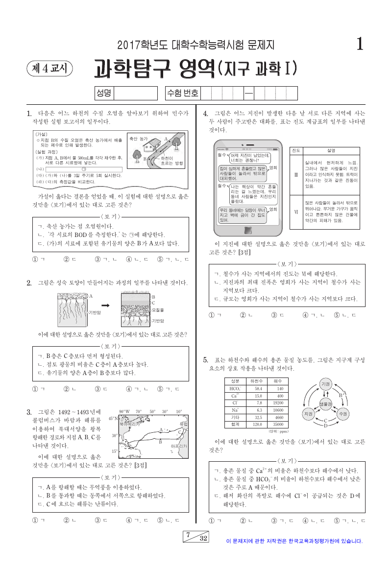 2017학년도 대학수학능력시험 지구과학1 시험지 첫 페이지