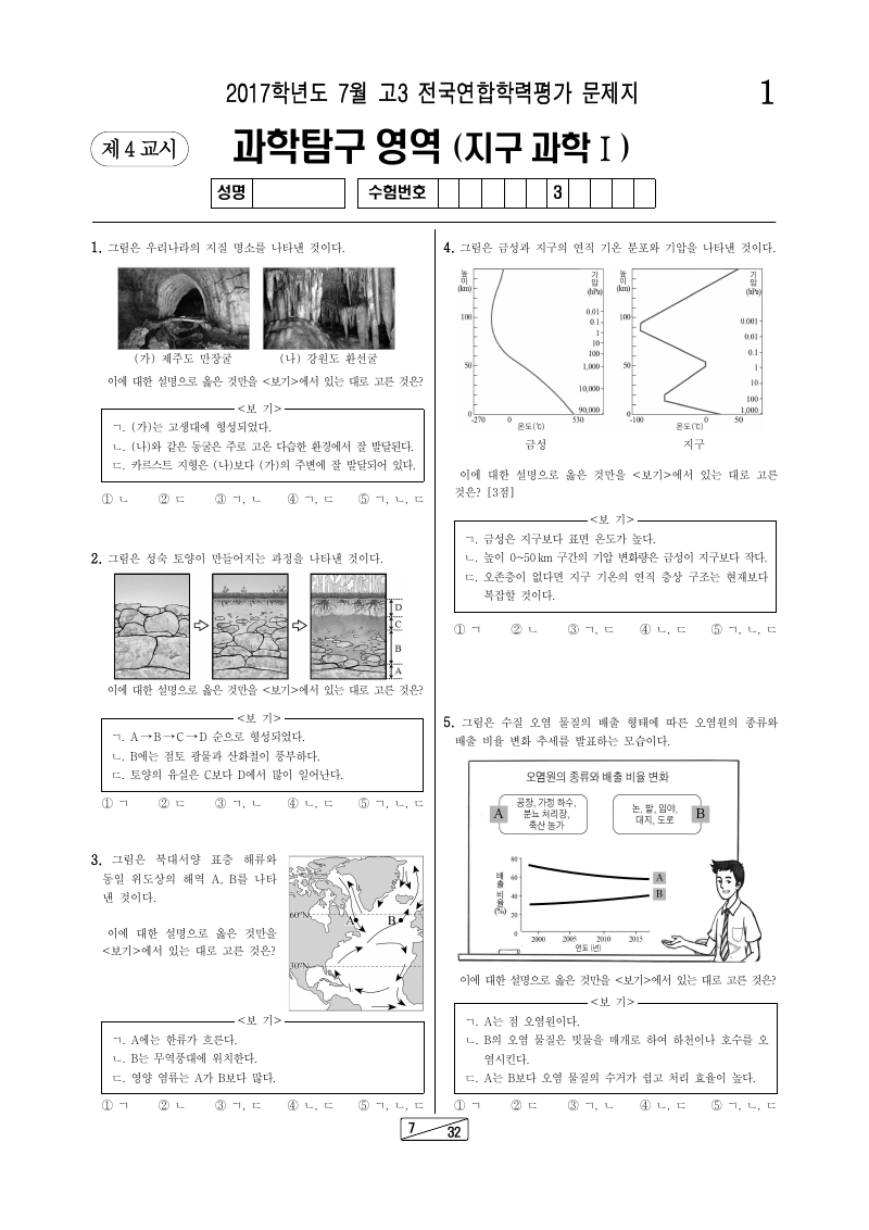 2017년 7월 고3 학력평가 지구과학1 시험지 첫 페이지