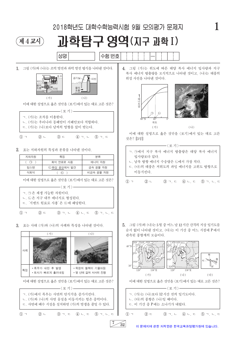 2018학년도 9월 모의평가 지구과학1 시험지 첫 페이지
