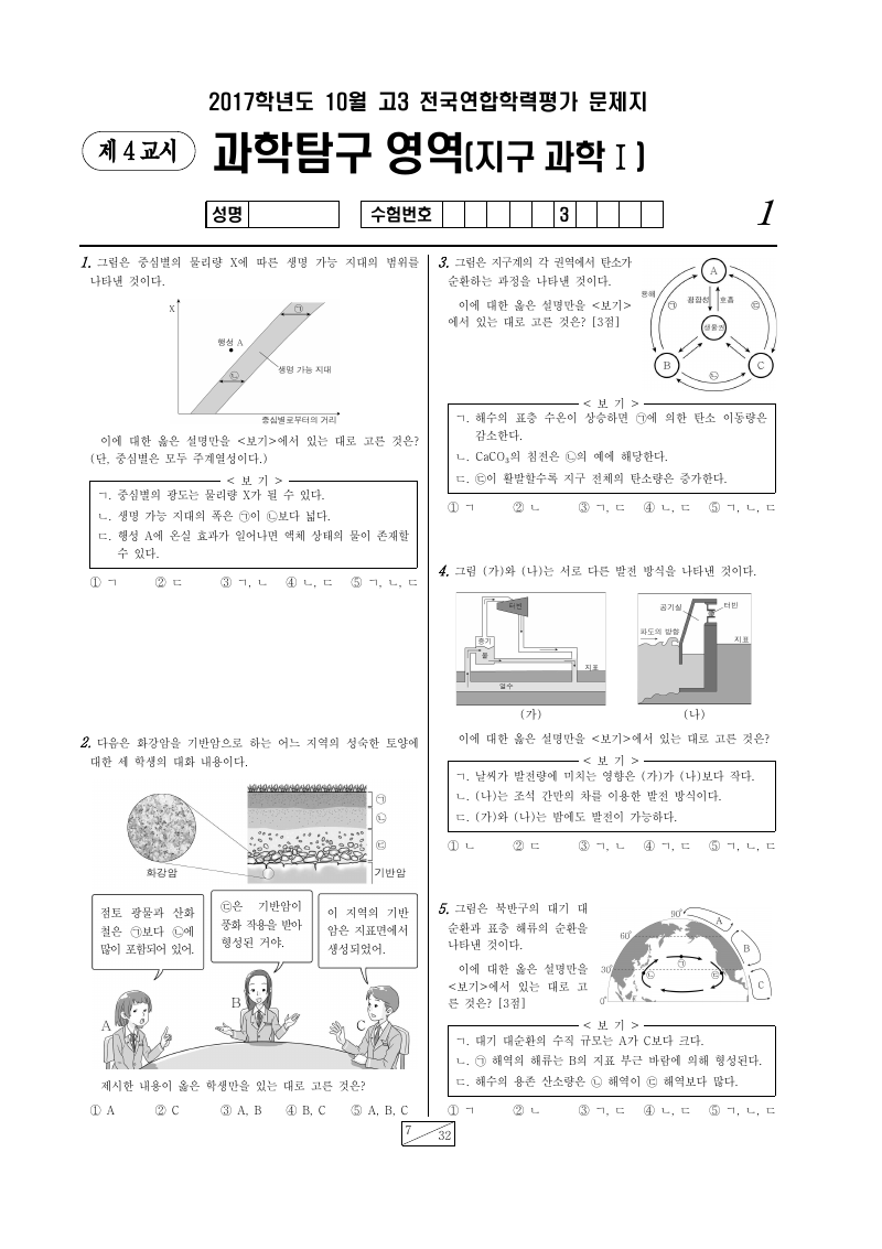 2017년 10월 고3 학력평가 지구과학1 시험지 첫 페이지