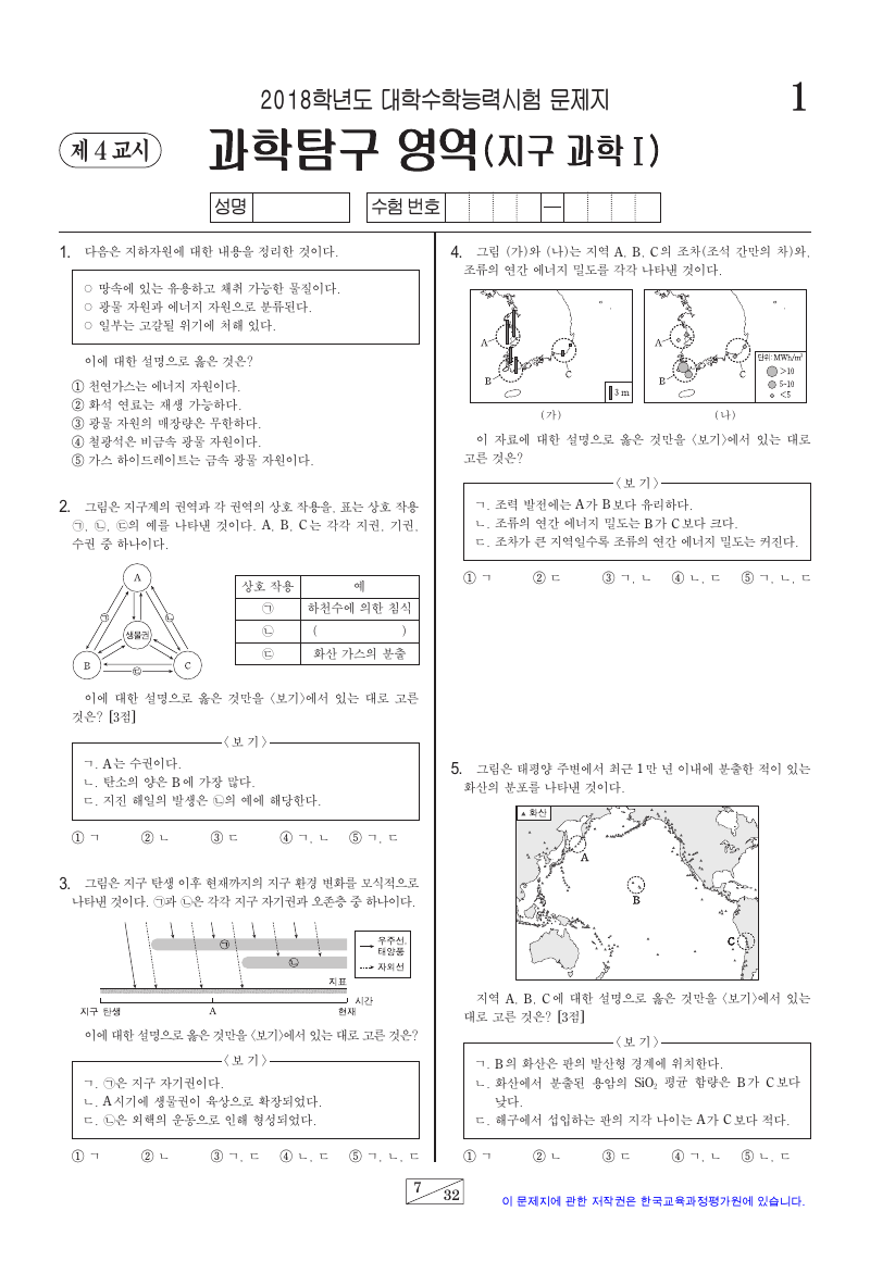 2018학년도 대학수학능력시험 지구과학1 시험지 첫 페이지