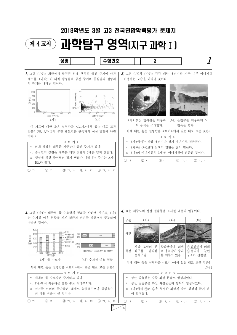 2018년 3월 고3 학력평가 지구과학1 시험지 첫 페이지