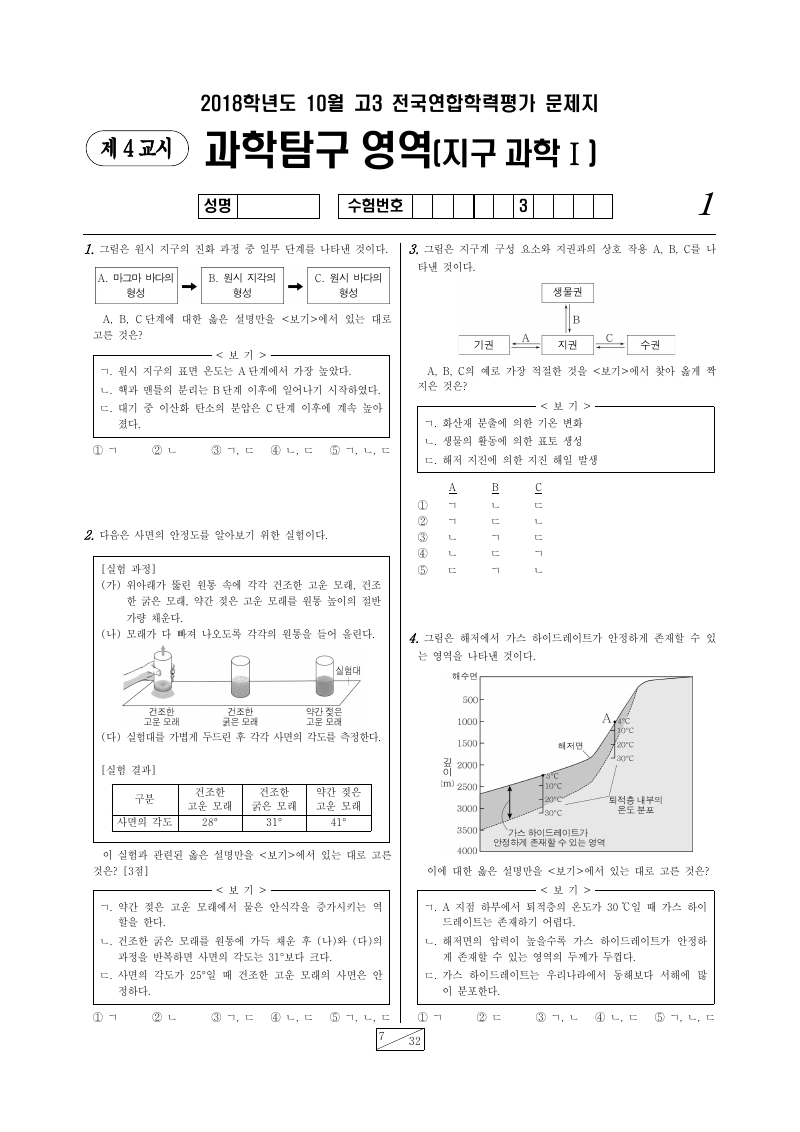 2018년 10월 고3 학력평가 지구과학1 시험지 첫 페이지