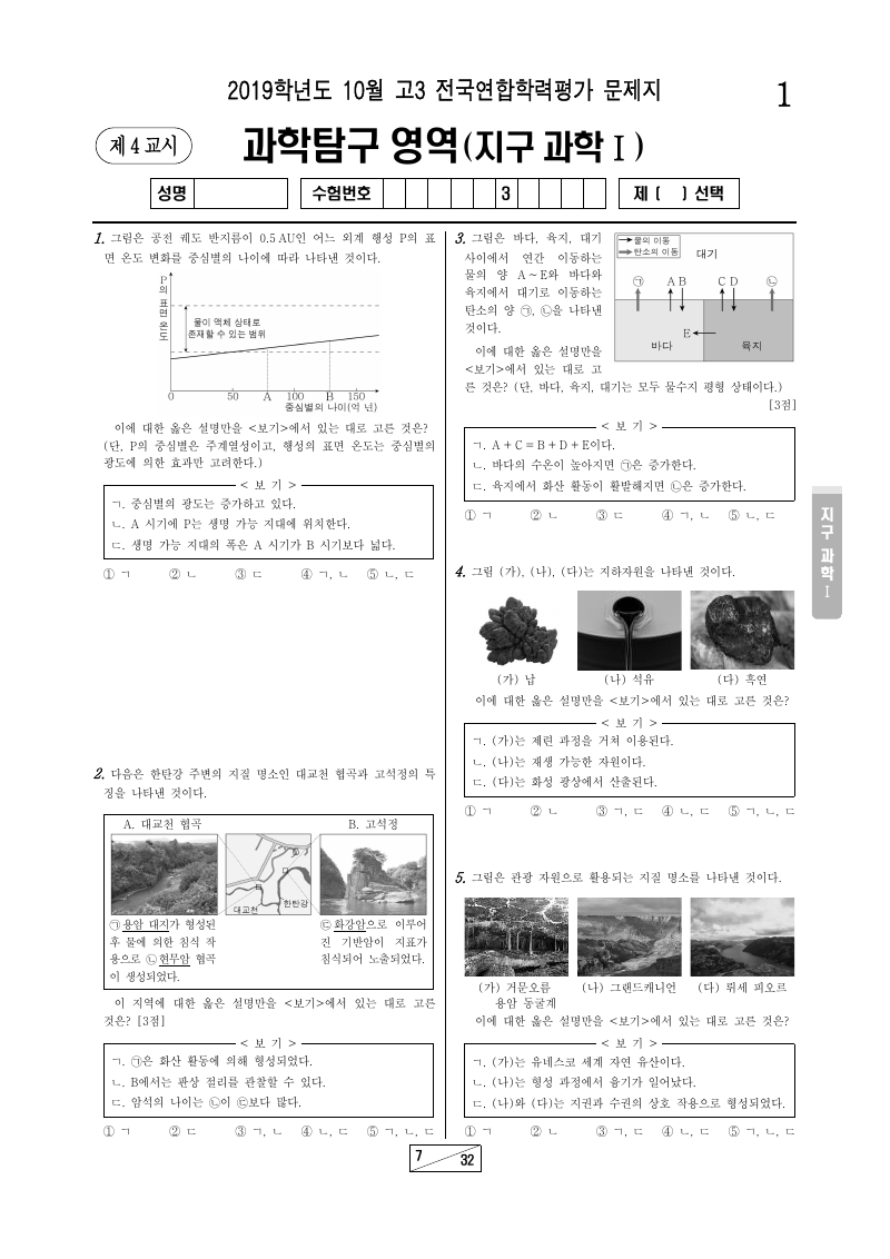 2019년 10월 고3 학력평가 지구과학1 시험지 첫 페이지