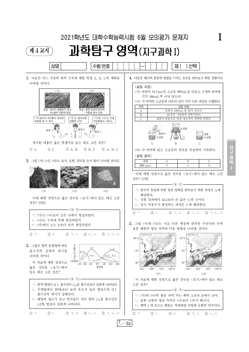 2021학년도 6월 모의평가 지구과학1 시험지 첫 페이지