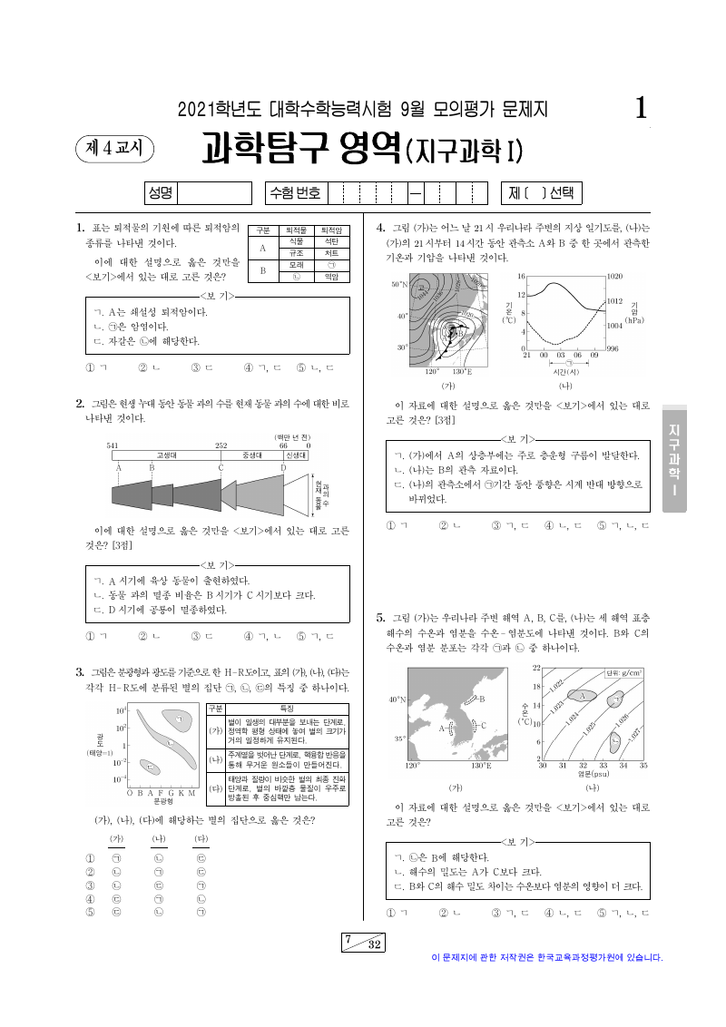 2021학년도 9월 모의평가 지구과학1 시험지 첫 페이지