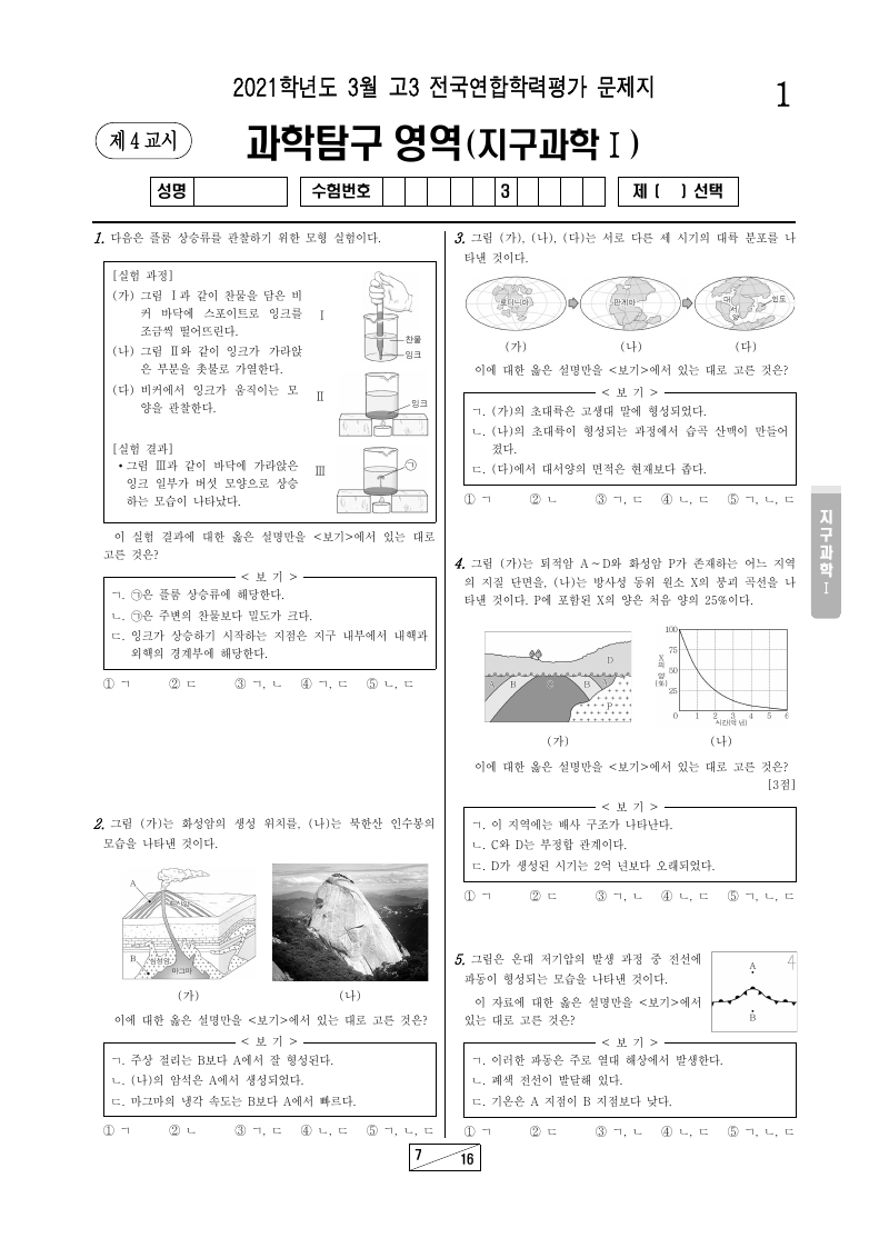 2021년 3월 고3 학력평가 지구과학1 시험지 첫 페이지