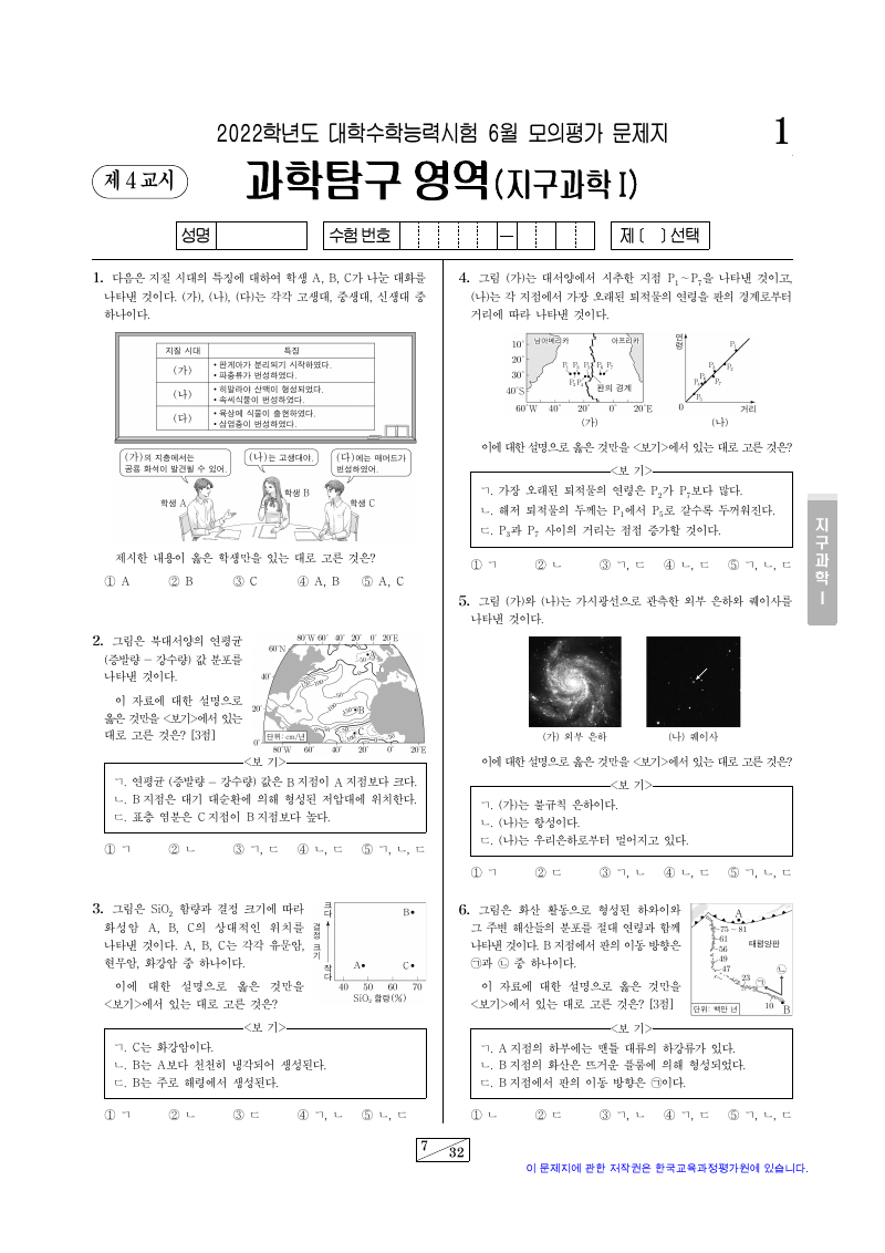 2022학년도 6월 모의평가 지구과학1 시험지 첫 페이지
