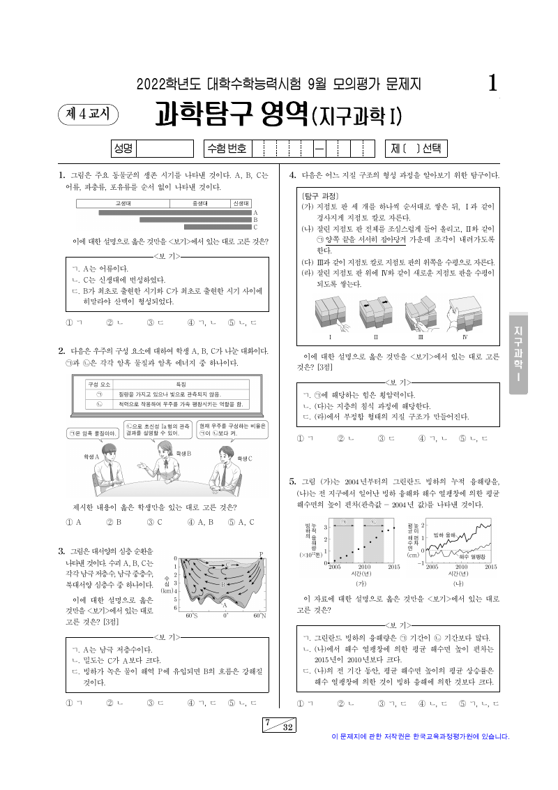 2022학년도 9월 모의평가 지구과학1 시험지 첫 페이지