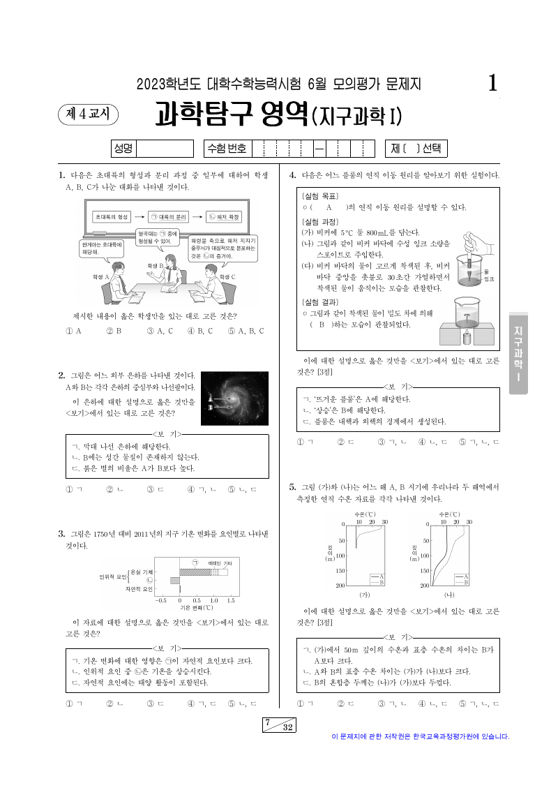 2023학년도 6월 모의평가 지구과학1 시험지 첫 페이지