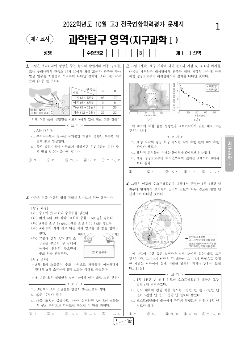 2022년 10월 고3 학력평가 지구과학1 시험지 첫 페이지