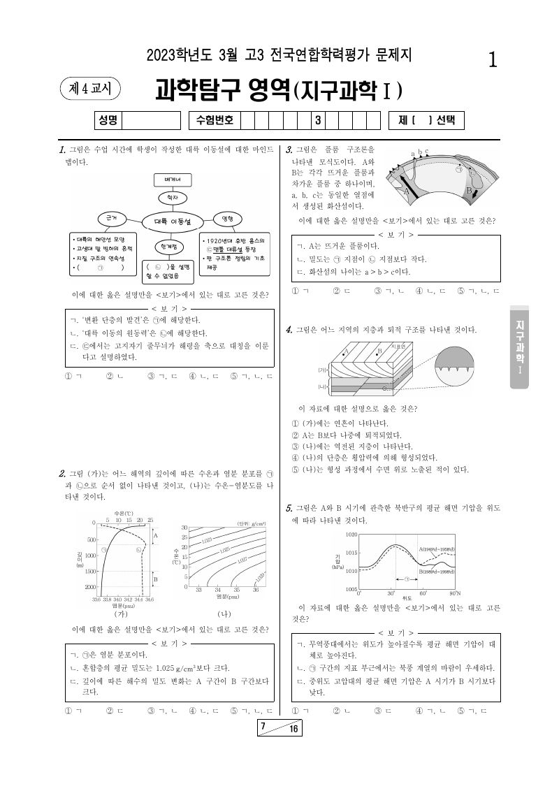 2023년 3월 고3 학력평가 지구과학1 시험지 첫 페이지