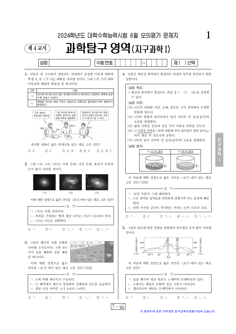 2024학년도 6월 모의평가 지구과학1 시험지 첫 페이지
