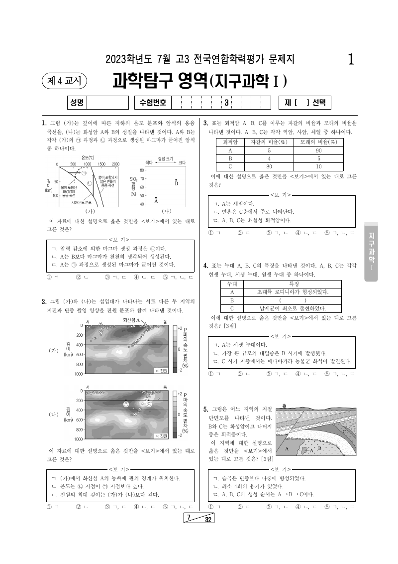 2023년 7월 고3 학력평가 지구과학1 시험지 첫 페이지