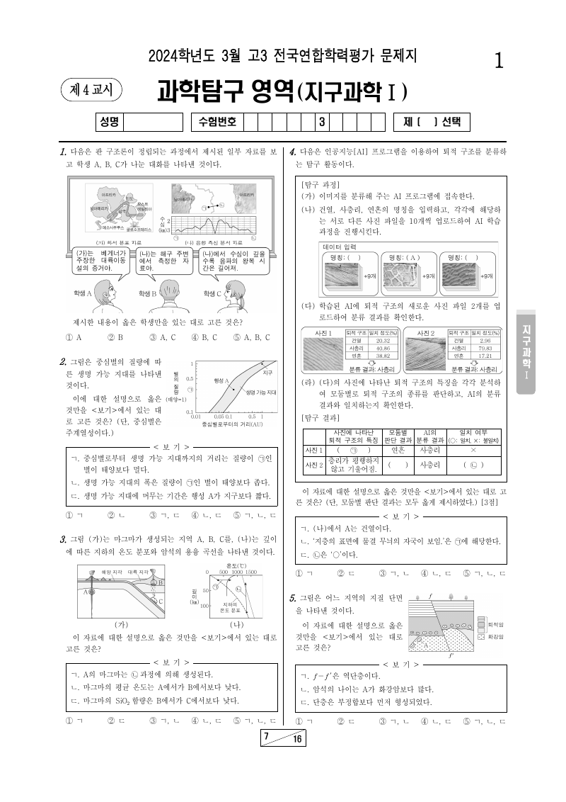 2024년 3월 고3 학력평가 지구과학1 시험지 첫 페이지