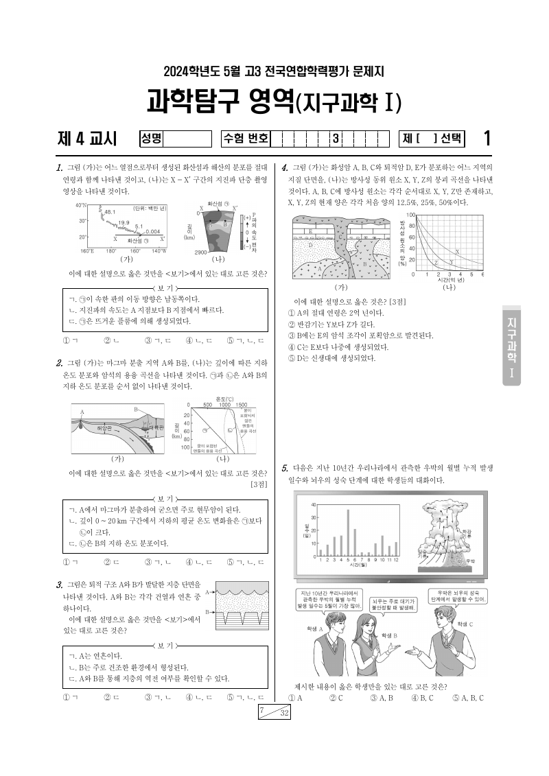 2024년 4월 고3 학력평가 지구과학1 시험지 첫 페이지