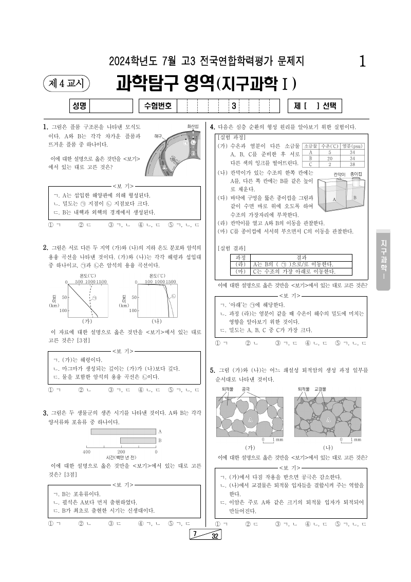 2024년 7월 고3 학력평가 지구과학1 시험지 첫 페이지