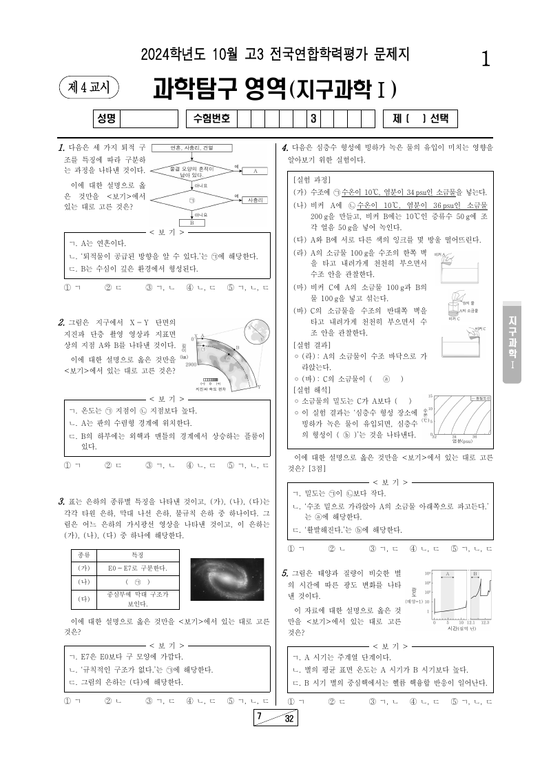 2024년 10월 고3 학력평가 지구과학1 시험지 첫 페이지