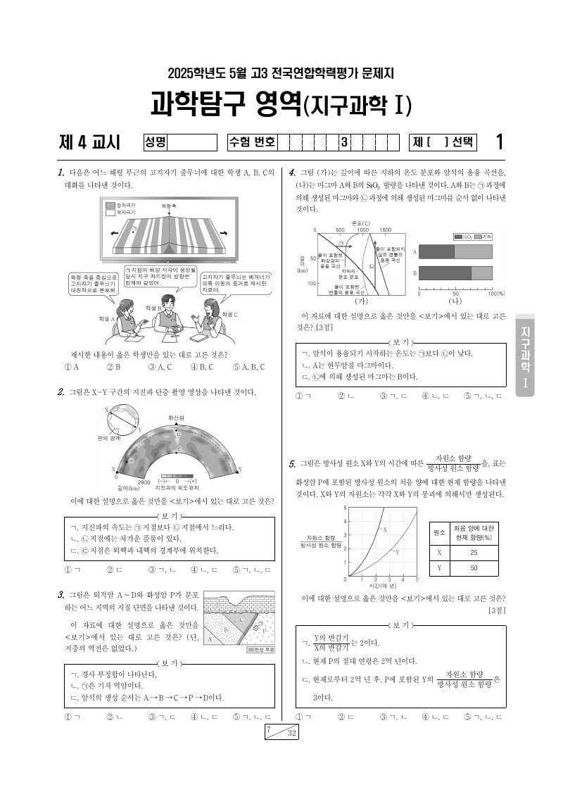 2025년 5월 고3 학력평가 지구과학1 시험지 첫 페이지
