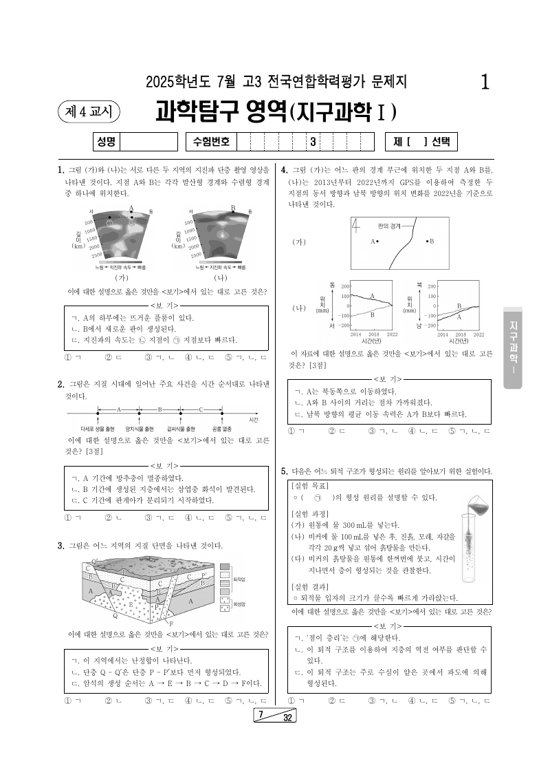 2025년 7월 고3 학력평가 지구과학1 시험지 첫 페이지