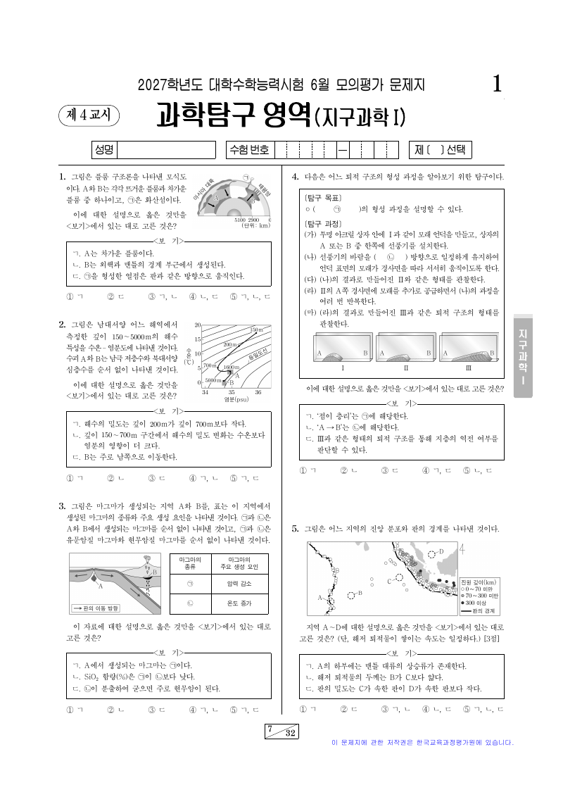 2027학년도 6월 모의평가 지구과학1 시험지 첫 페이지