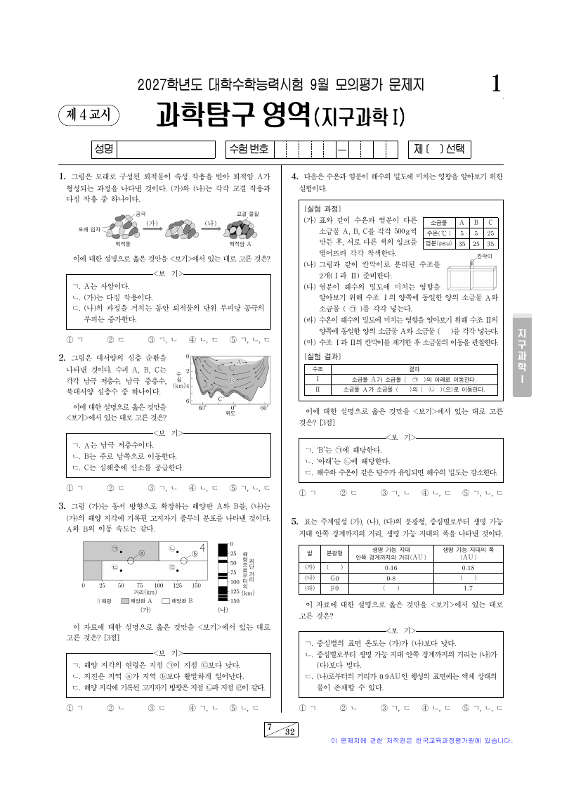 2027학년도 9월 모의평가 지구과학1 시험지 첫 페이지