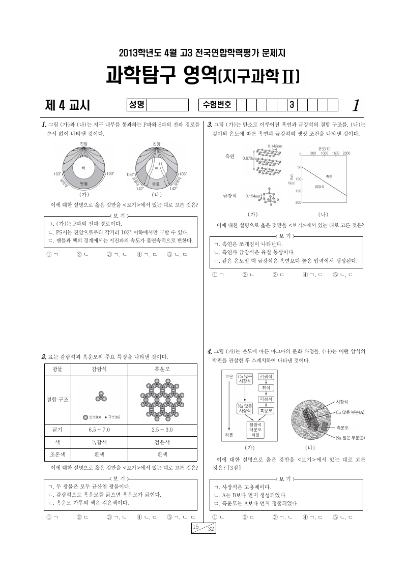 2013년 4월 고3 학력평가 지구과학2 시험지 첫 페이지