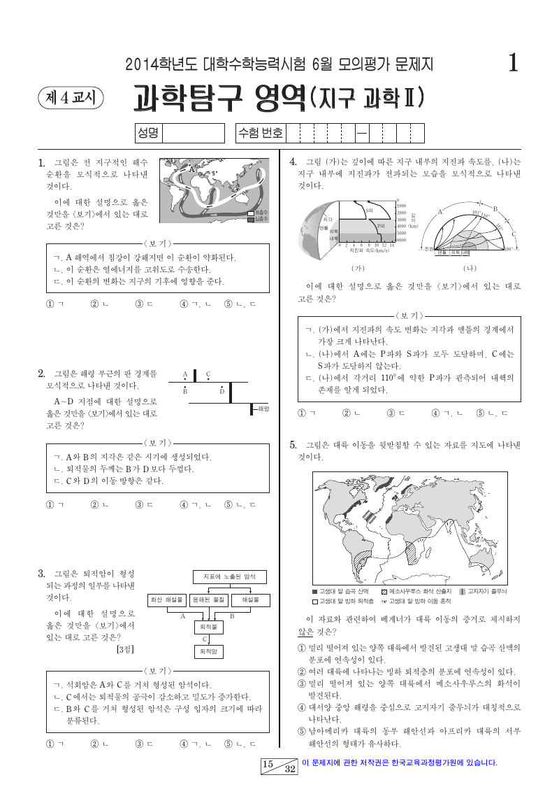 2014학년도 6월 모의평가 지구과학2 시험지 첫 페이지