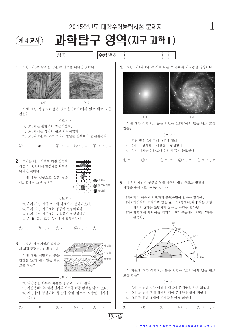 2015학년도 대학수학능력시험 지구과학2 시험지 첫 페이지