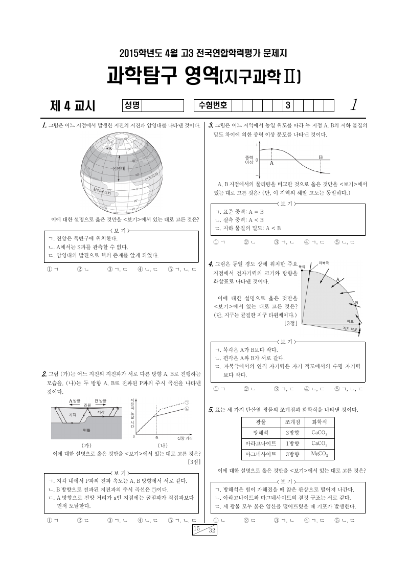 2015년 4월 고3 학력평가 지구과학2 시험지 첫 페이지