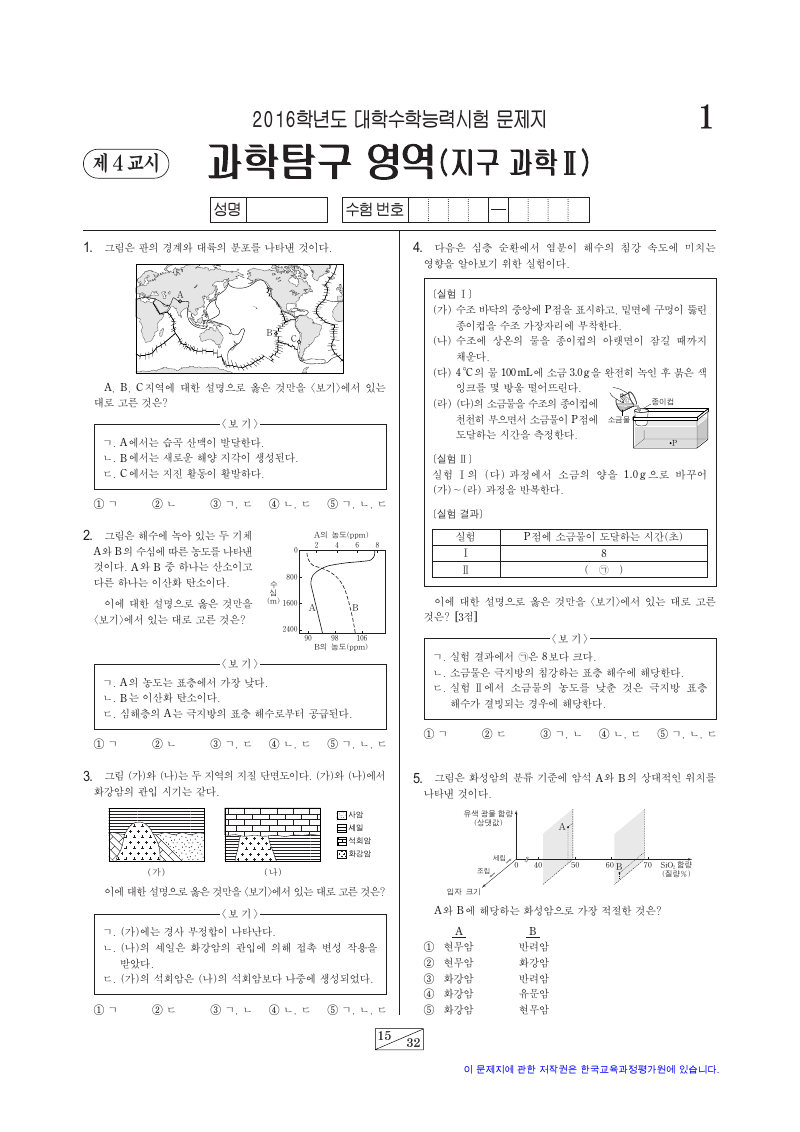 2016학년도 대학수학능력시험 지구과학2 시험지 첫 페이지
