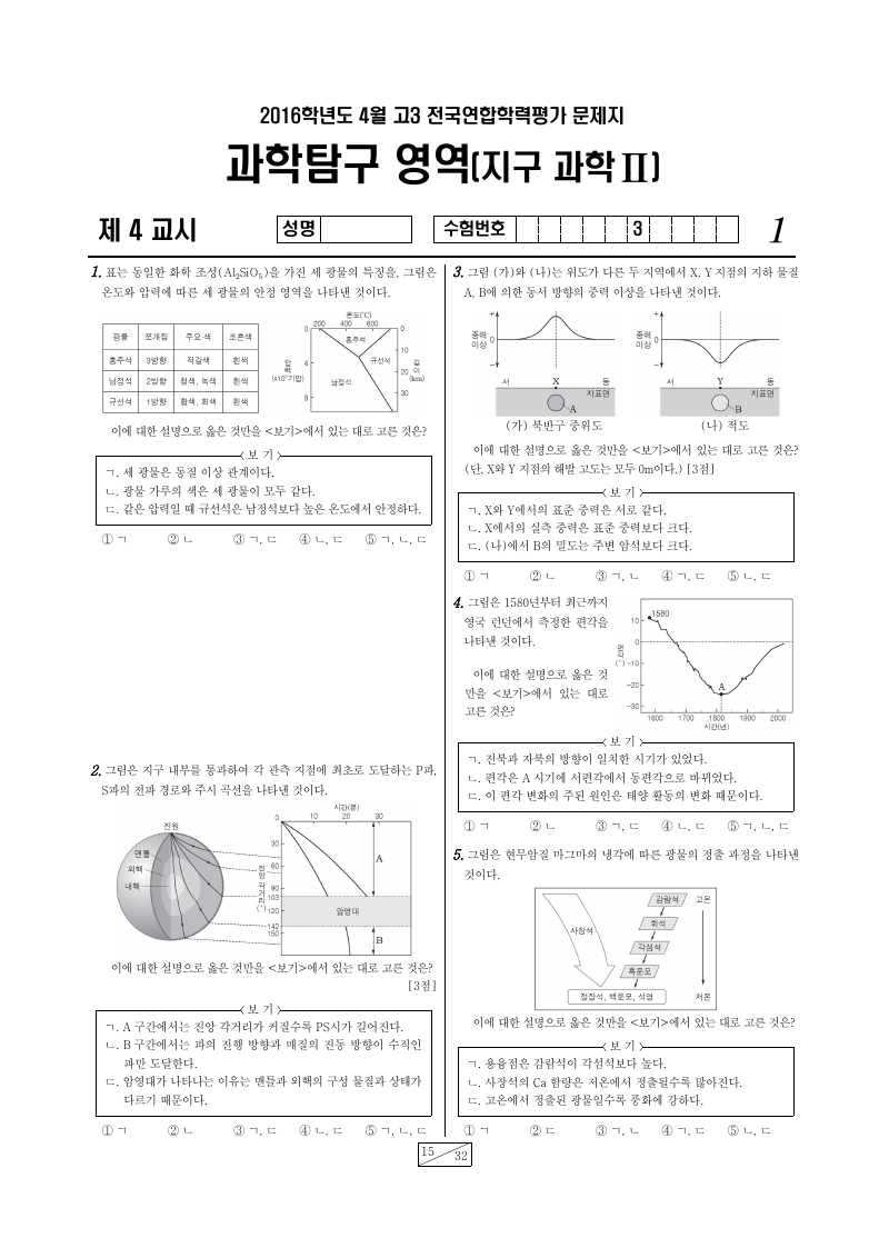 2016년 4월 고3 학력평가 지구과학2 시험지 첫 페이지
