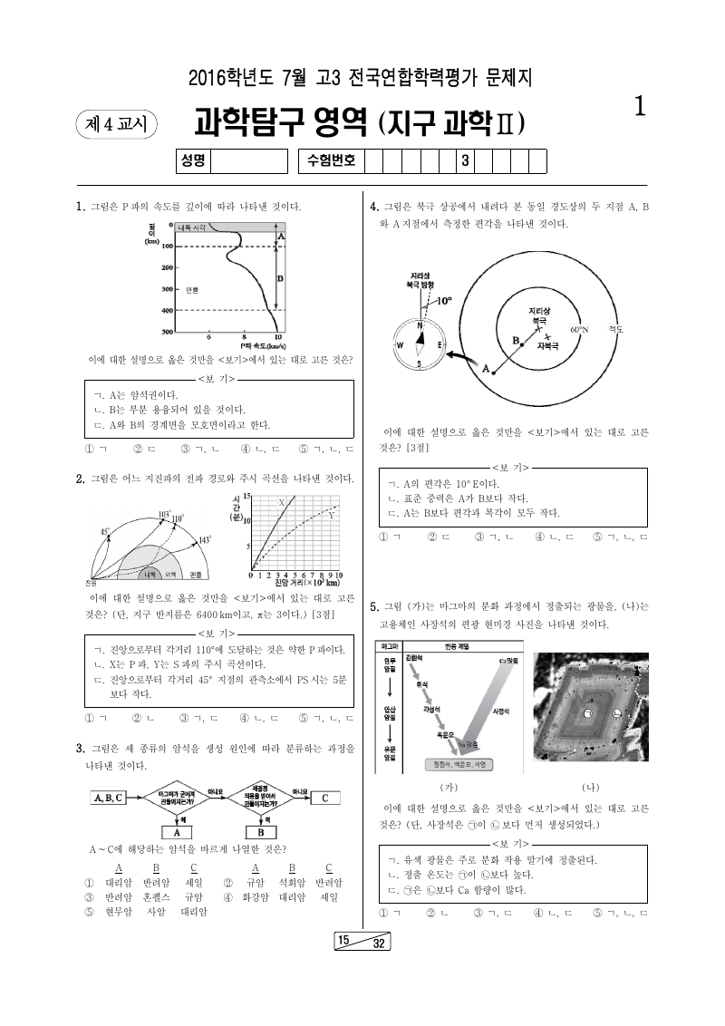 2016년 7월 고3 학력평가 지구과학2 시험지 첫 페이지