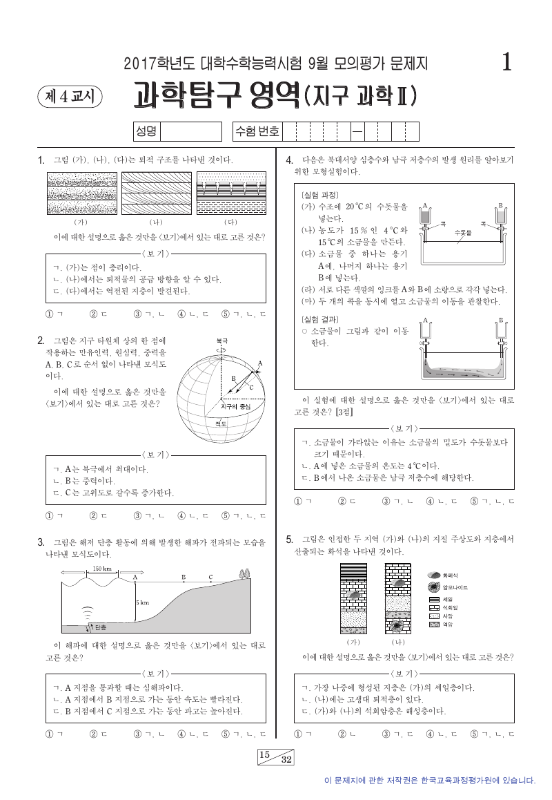 2017학년도 9월 모의평가 지구과학2 시험지 첫 페이지