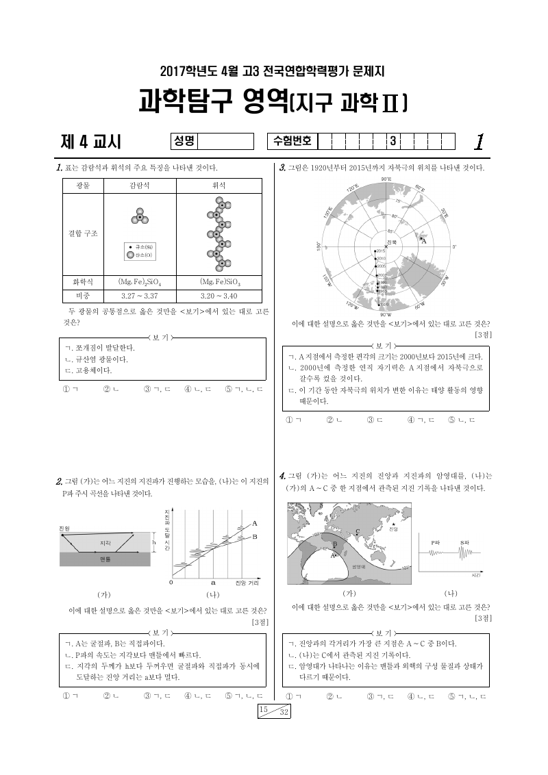 2017년 4월 고3 학력평가 지구과학2 시험지 첫 페이지