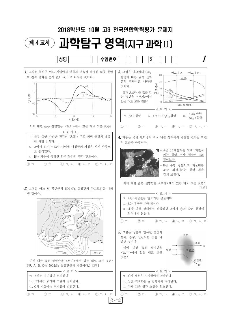 2018년 10월 고3 학력평가 지구과학2 시험지 첫 페이지