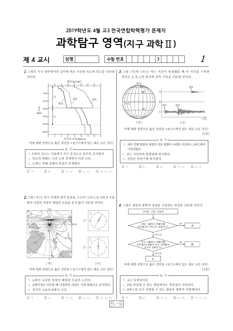 2019년 4월 고3 학력평가 지구과학2 시험지 첫 페이지