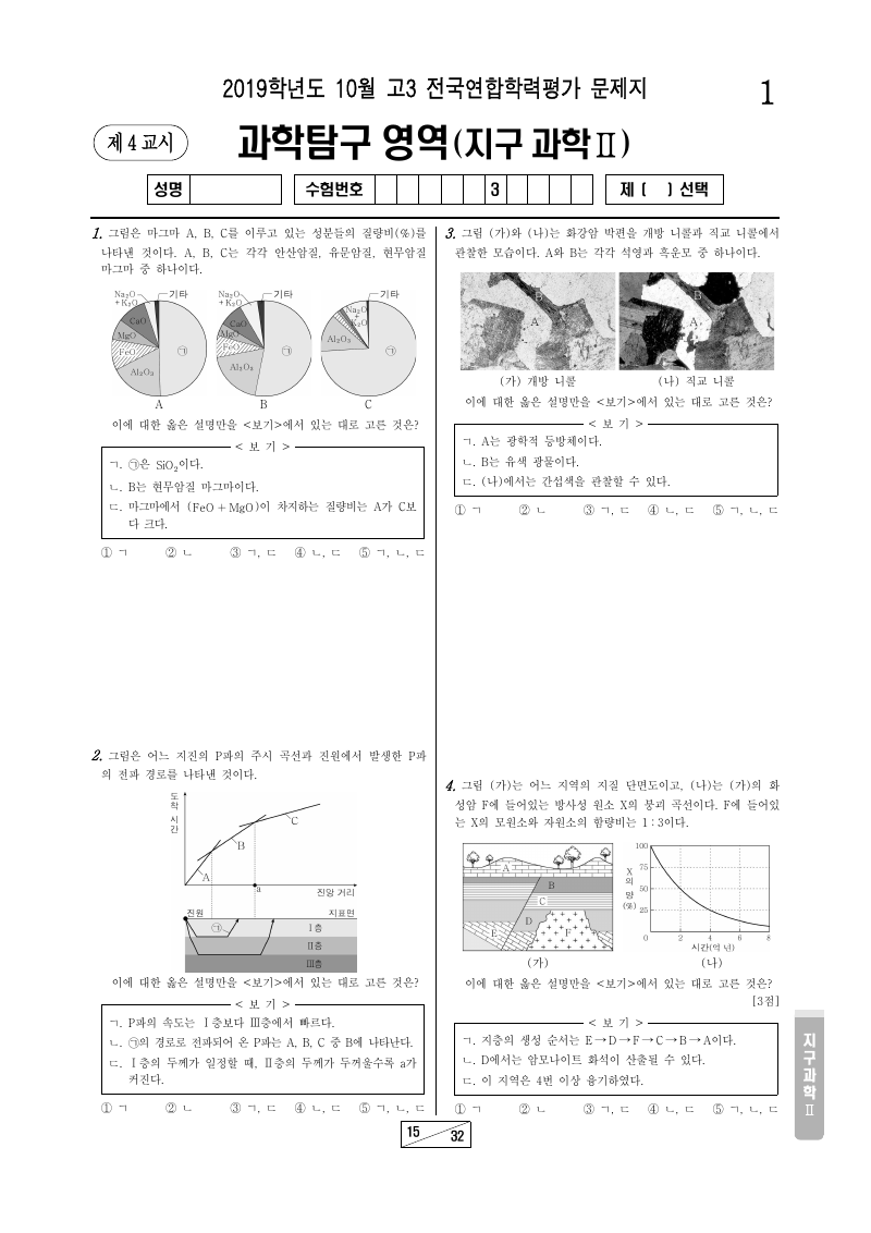 2019년 10월 고3 학력평가 지구과학2 시험지 첫 페이지