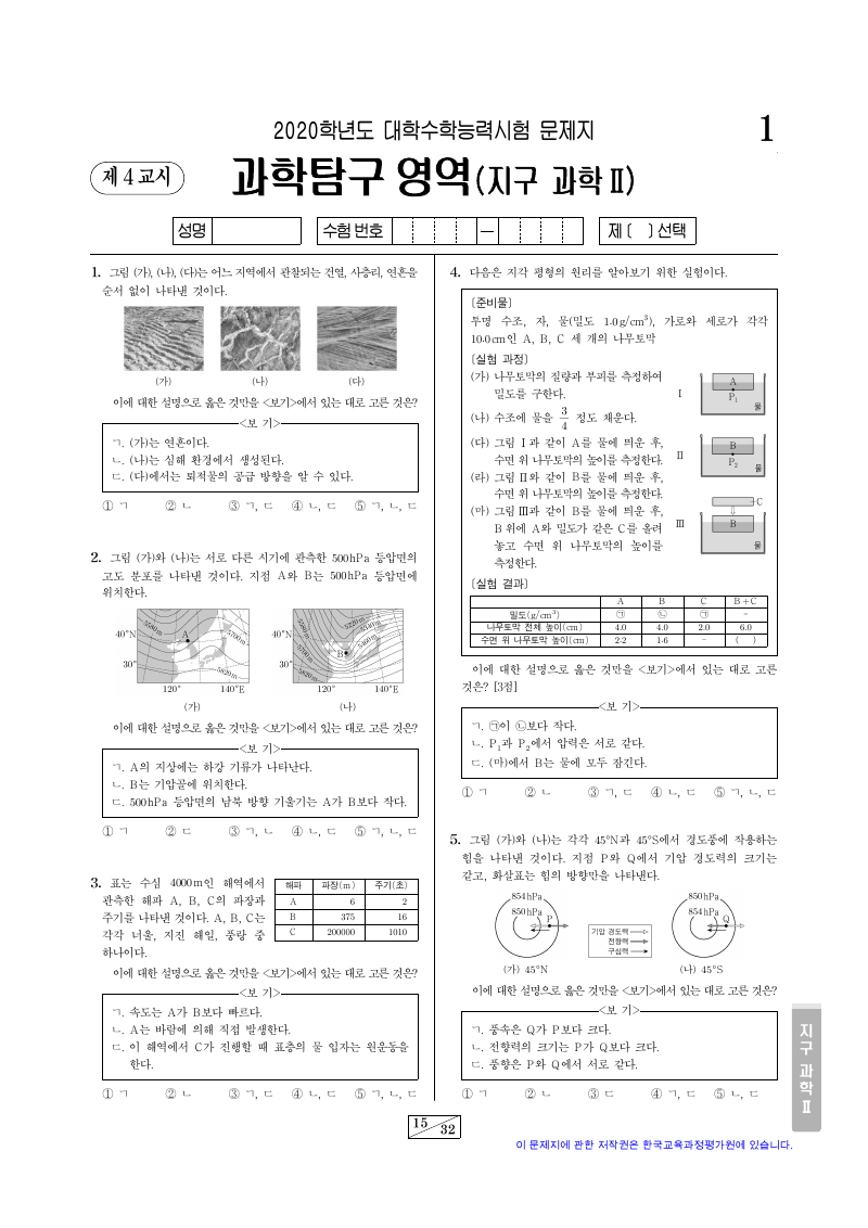 2020학년도 대학수학능력시험 지구과학2 시험지 첫 페이지