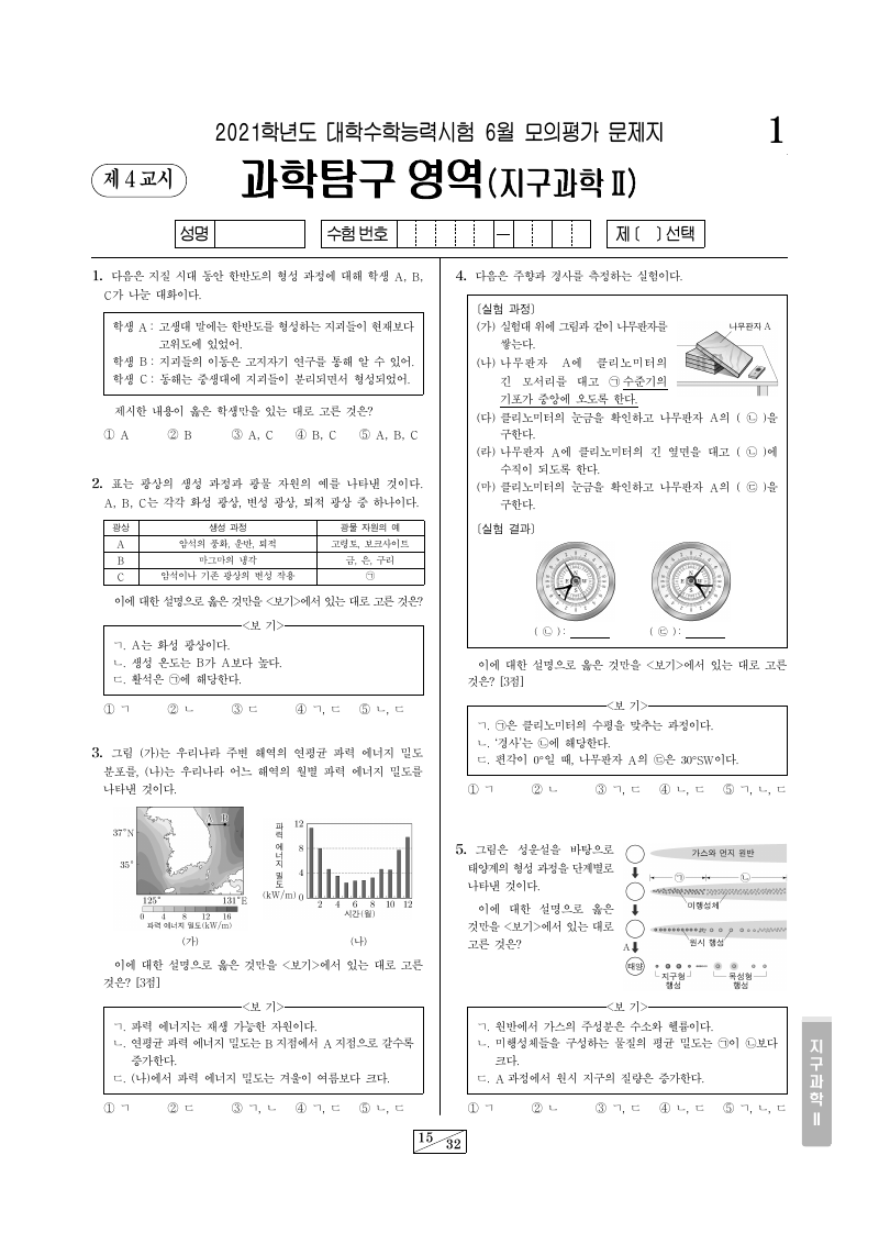 2021학년도 6월 모의평가 지구과학2 시험지 첫 페이지