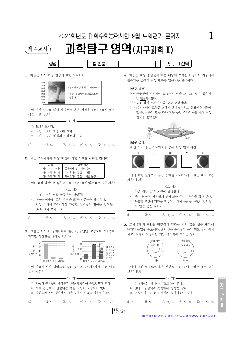 2021학년도 9월 모의평가 지구과학2 시험지 첫 페이지