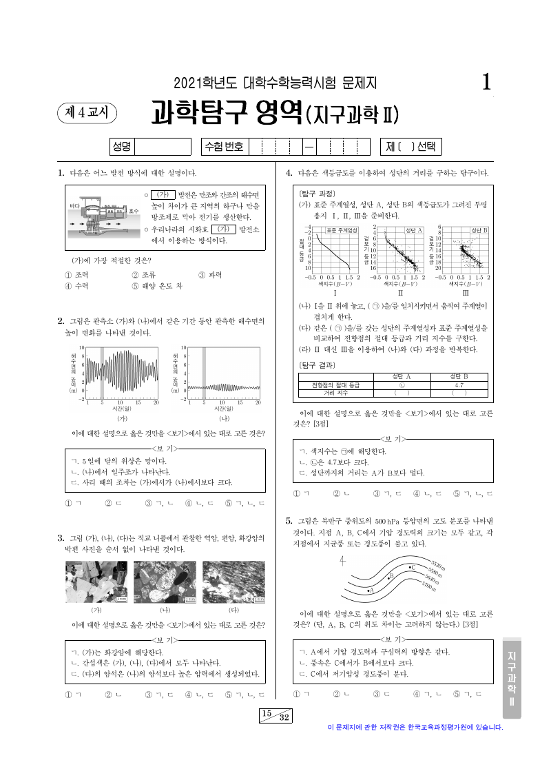 2021학년도 대학수학능력시험 지구과학2 시험지 첫 페이지