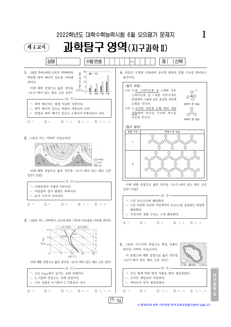 2022학년도 6월 모의평가 지구과학2 시험지 첫 페이지