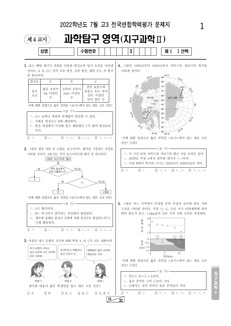 2022년 7월 고3 학력평가 지구과학2 시험지 첫 페이지