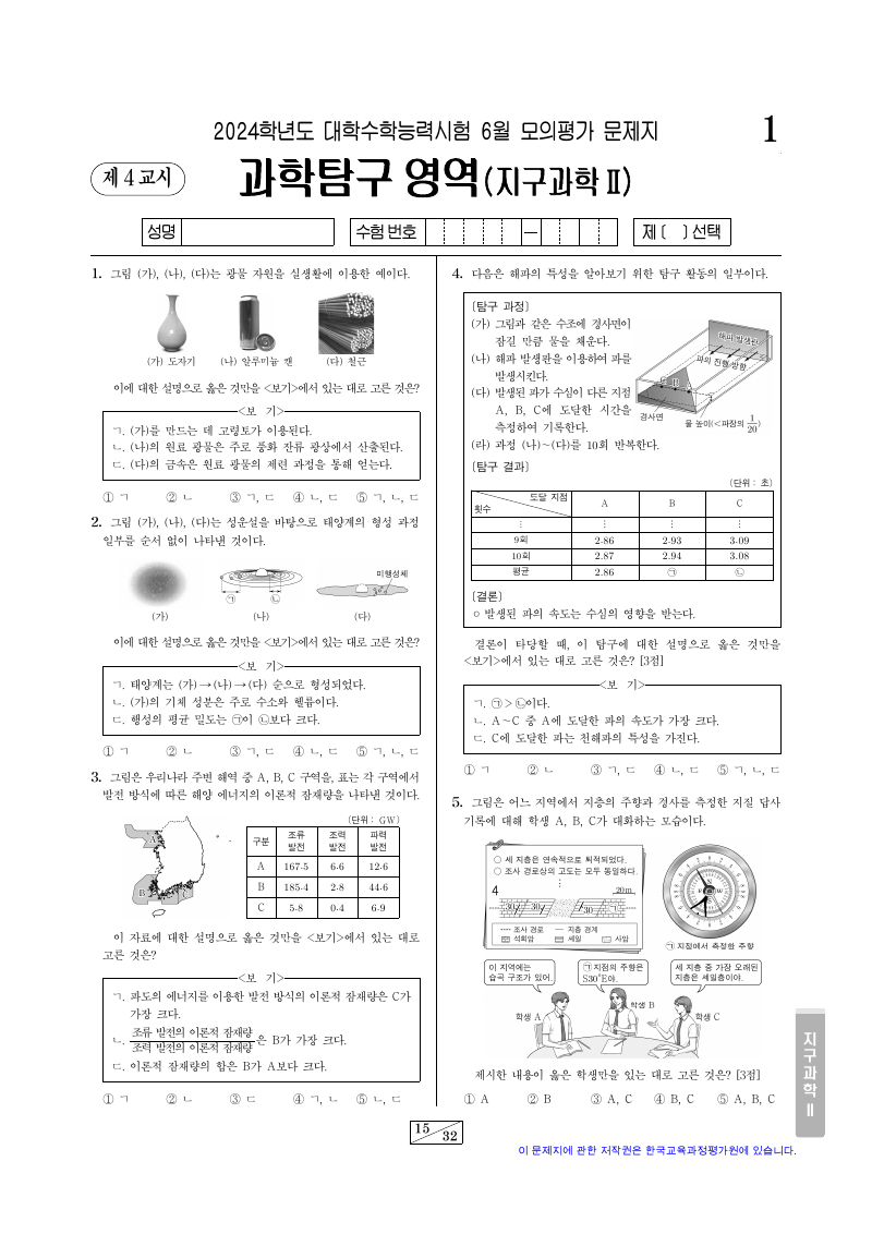 2024학년도 6월 모의평가 지구과학2 시험지 첫 페이지