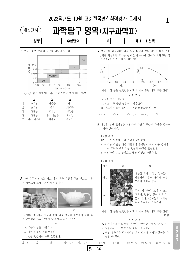 2023년 10월 고3 학력평가 지구과학2 시험지 첫 페이지